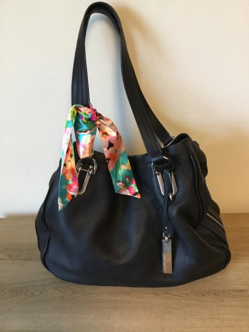 Vince Camuto Soft Textured Black Leather Three Compartment Shoulder Bag & Scarf